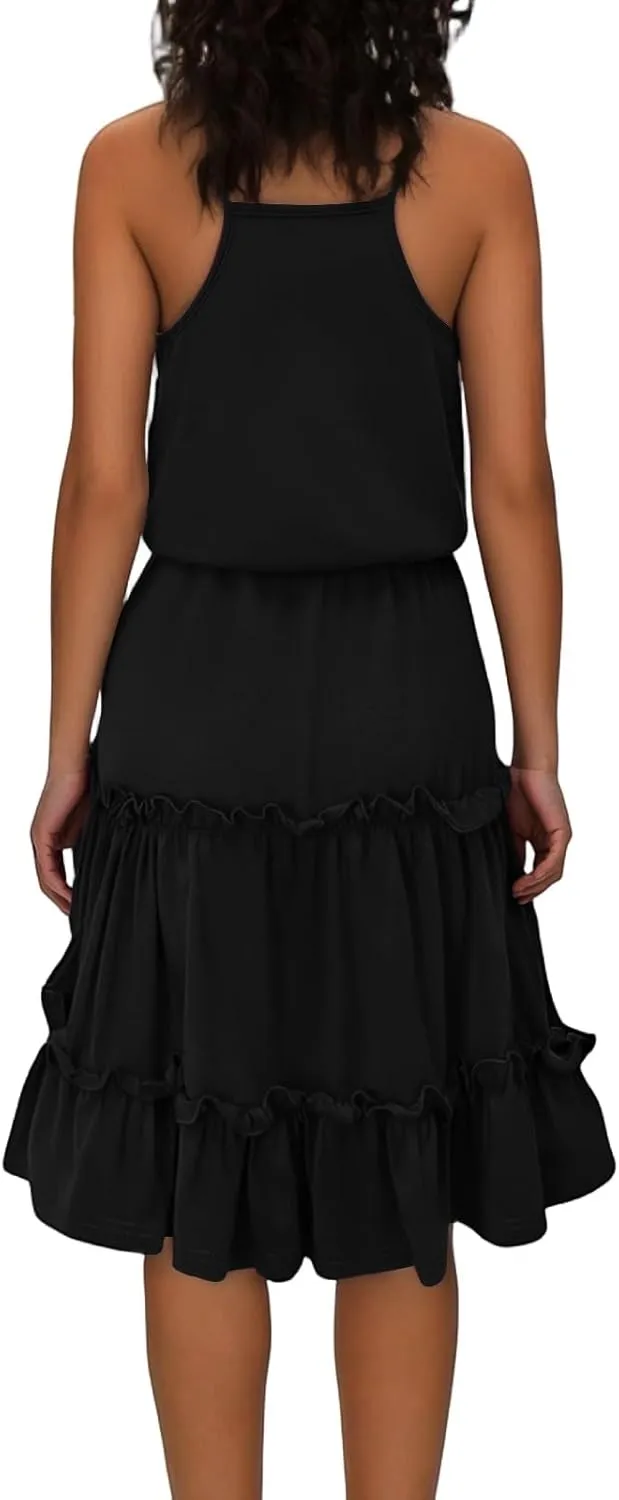 Sundresses for Women 2025 Summer V-Neck Spaghetti Strap Waist Tie Mini Dresses Tiered Ruffle Flowy Cute Skater Dress