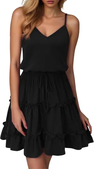 Sundresses for Women 2025 Summer V-Neck Spaghetti Strap Waist Tie Mini Dresses Tiered Ruffle Flowy Cute Skater Dress
