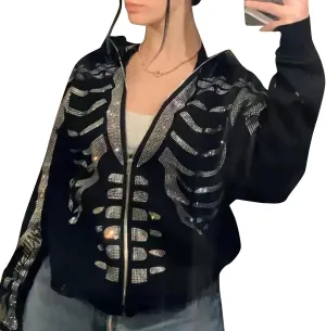Sunwittafy Y2k Hoodie Men Women Black Rhinestone Zip Up Hoodie Grunge Hooded Oversized Sweatshirt Harajuku Streetwear