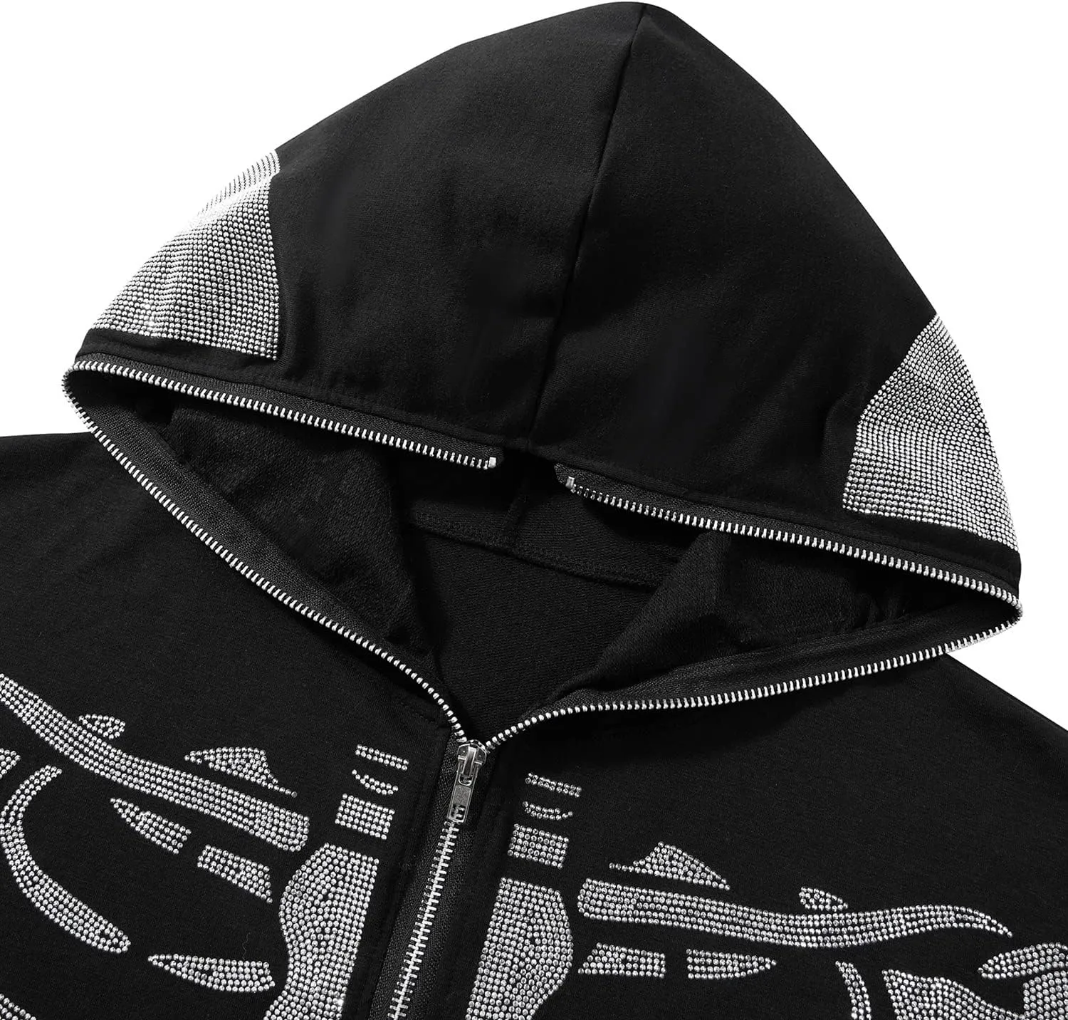 Sunwittafy Y2k Hoodie Men Women Black Rhinestone Zip Up Hoodie Grunge Hooded Oversized Sweatshirt Harajuku Streetwear