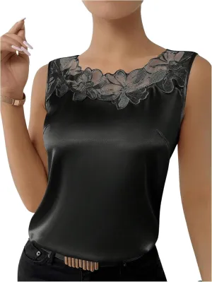 SweatyRocks Women's Satin Contrast Lace Crew Neck Sleeveless Blouse Appliques Summer Tank Tops