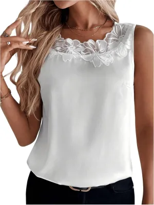 SweatyRocks Women's Satin Contrast Lace Crew Neck Sleeveless Blouse Appliques Summer Tank Tops