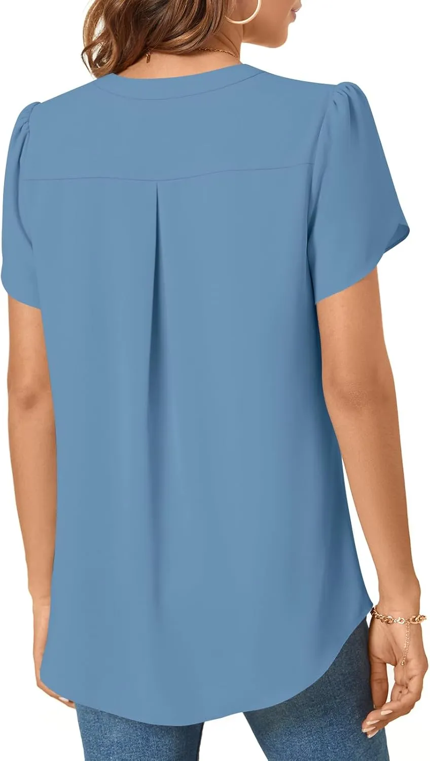 TAOHUADAO Womens Dressy Chiffon Blouses Summer Casual T-Shirts Petal Short Sleeve V Neck Tunic Tops for Leggings