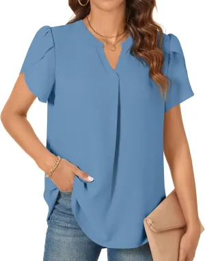TAOHUADAO Womens Dressy Chiffon Blouses Summer Casual T-Shirts Petal Short Sleeve V Neck Tunic Tops for Leggings