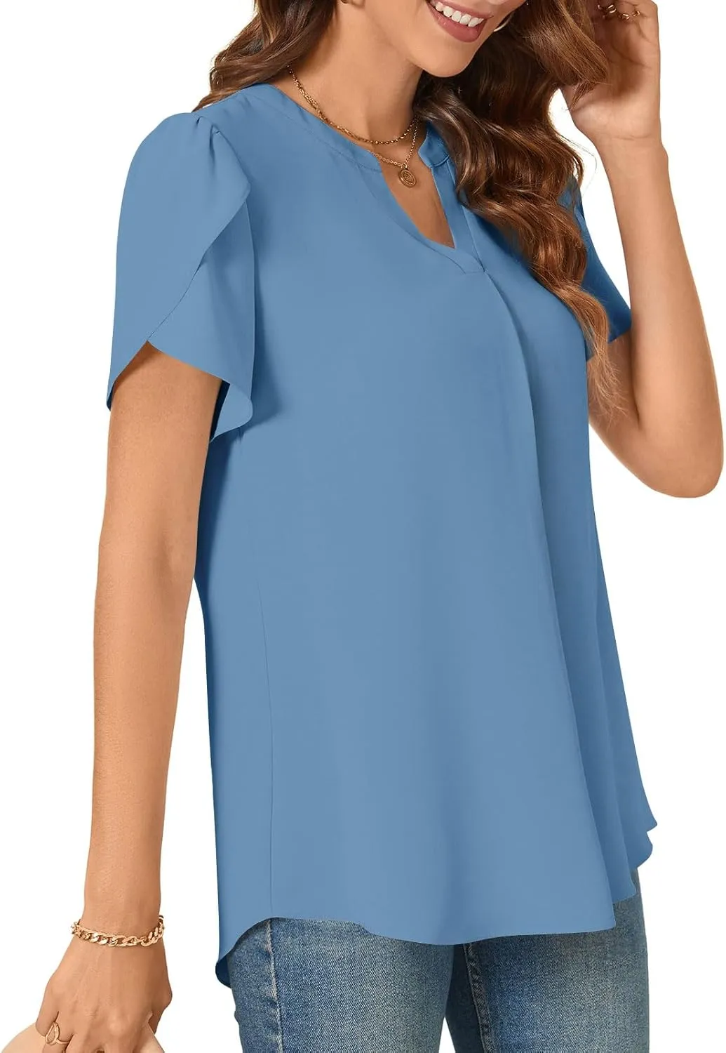 TAOHUADAO Womens Dressy Chiffon Blouses Summer Casual T-Shirts Petal Short Sleeve V Neck Tunic Tops for Leggings