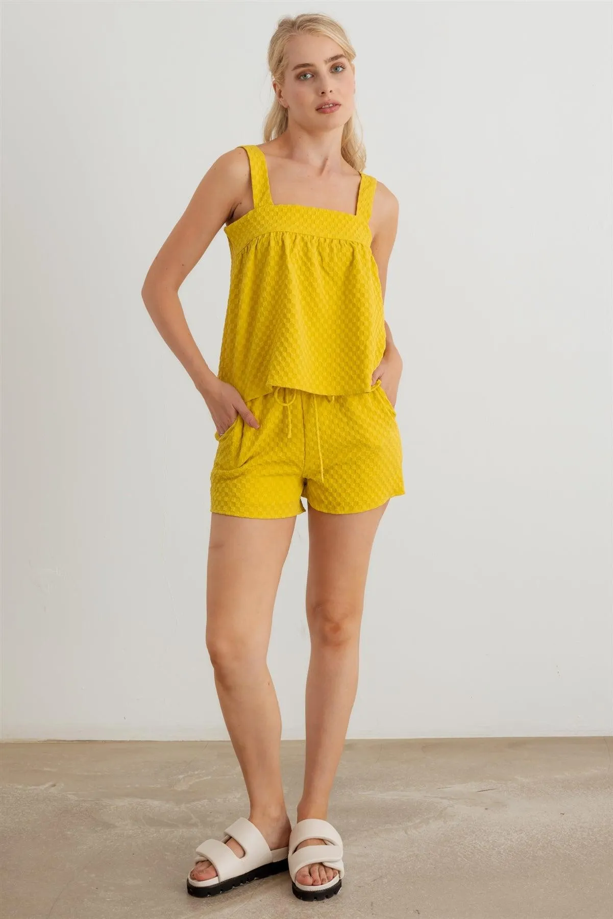 Textured Sleeveless Flare Top & High Waist Two Pocket Shorts Set