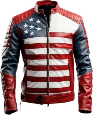 The Next Mens Inspired by American Flag Casual Motorcycle Zipper Coat With USA Flag Red Red and White Genuine Leather Jackets
