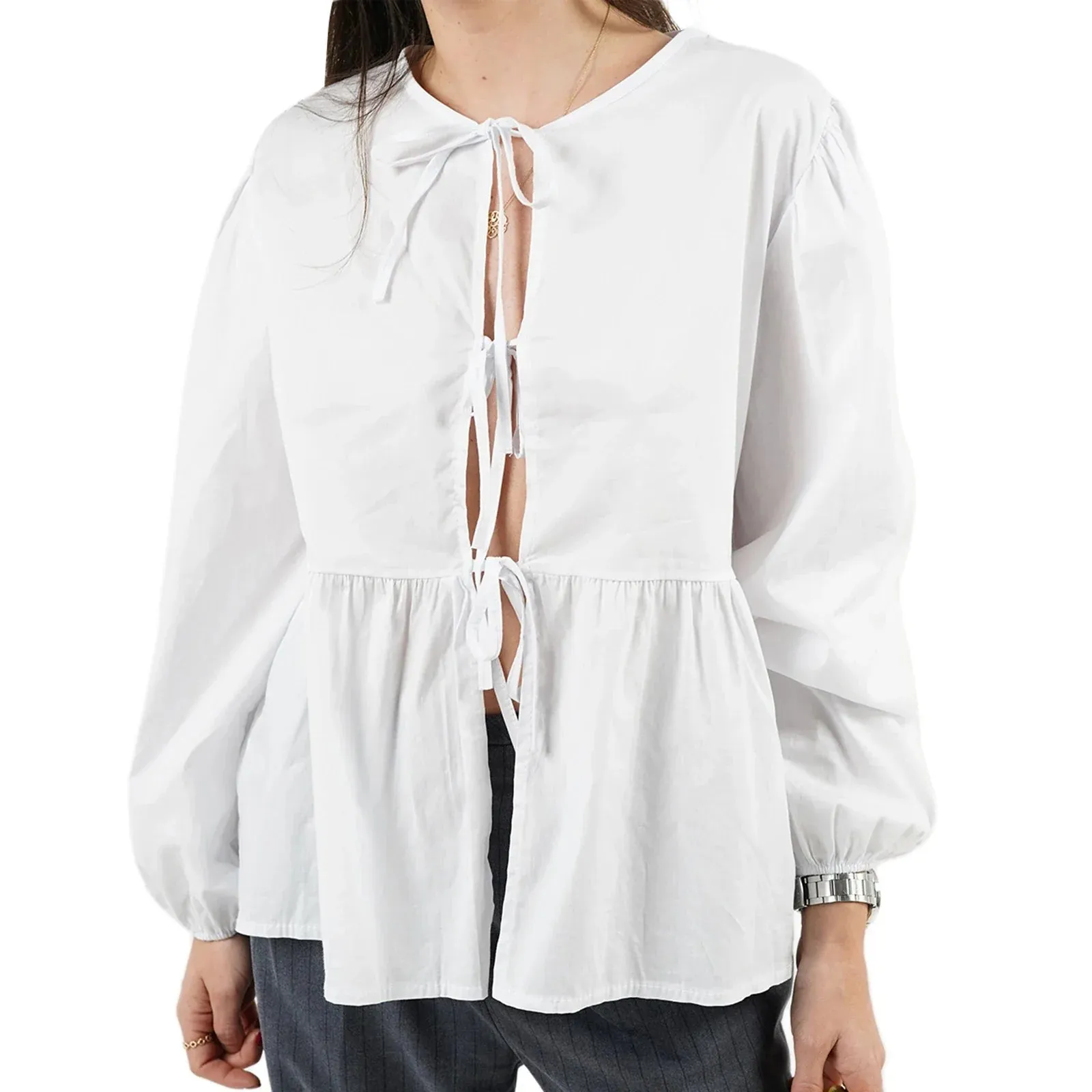 Tie Front Long Sleeve Round Neck Hollow Out Lace up Loose Babydoll Spring Fall Kawaii Blouse