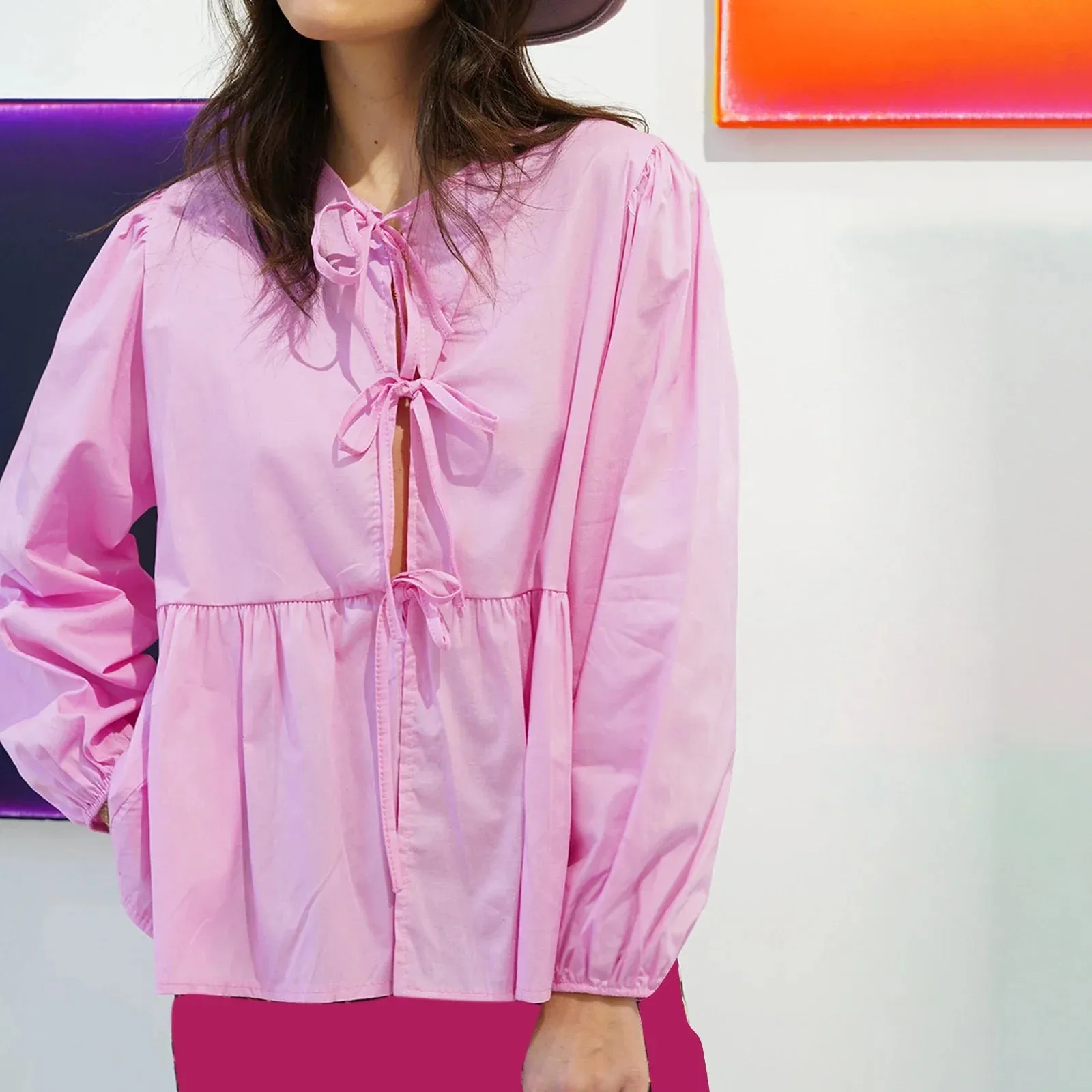 Tie Front Long Sleeve Round Neck Hollow Out Lace up Loose Babydoll Spring Fall Kawaii Blouse