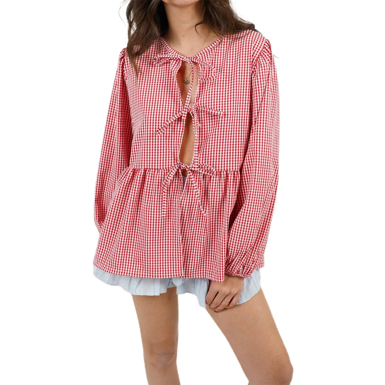 Tie Front Long Sleeve Round Neck Hollow Out Lace up Loose Babydoll Spring Fall Kawaii Blouse