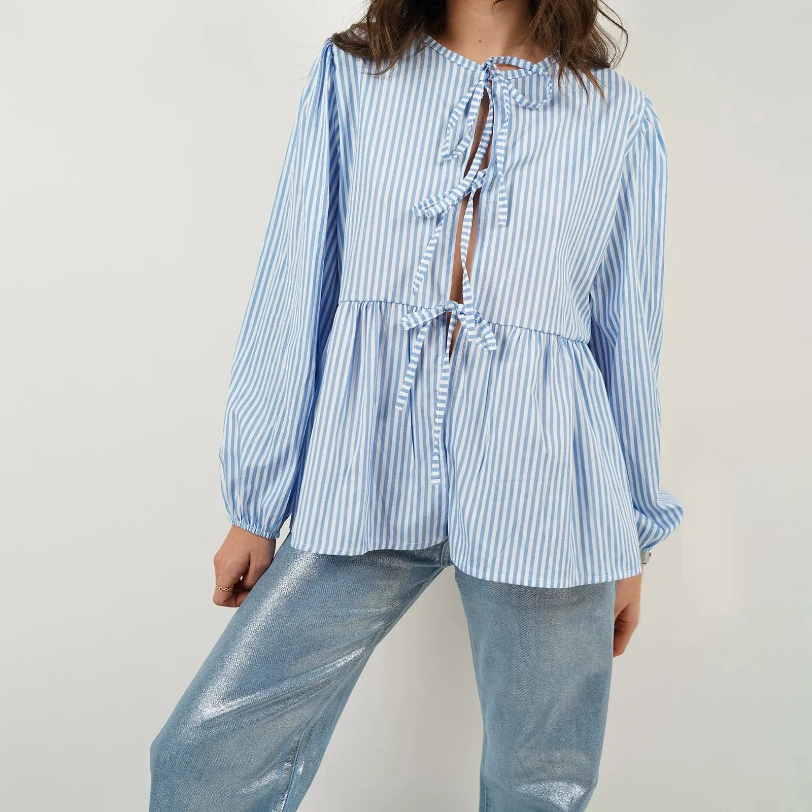 Tie Front Long Sleeve Round Neck Hollow Out Lace up Loose Babydoll Spring Fall Kawaii Blouse