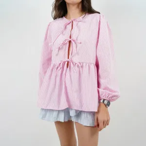 Tie Front Long Sleeve Round Neck Hollow Out Lace up Loose Babydoll Spring Fall Kawaii Blouse