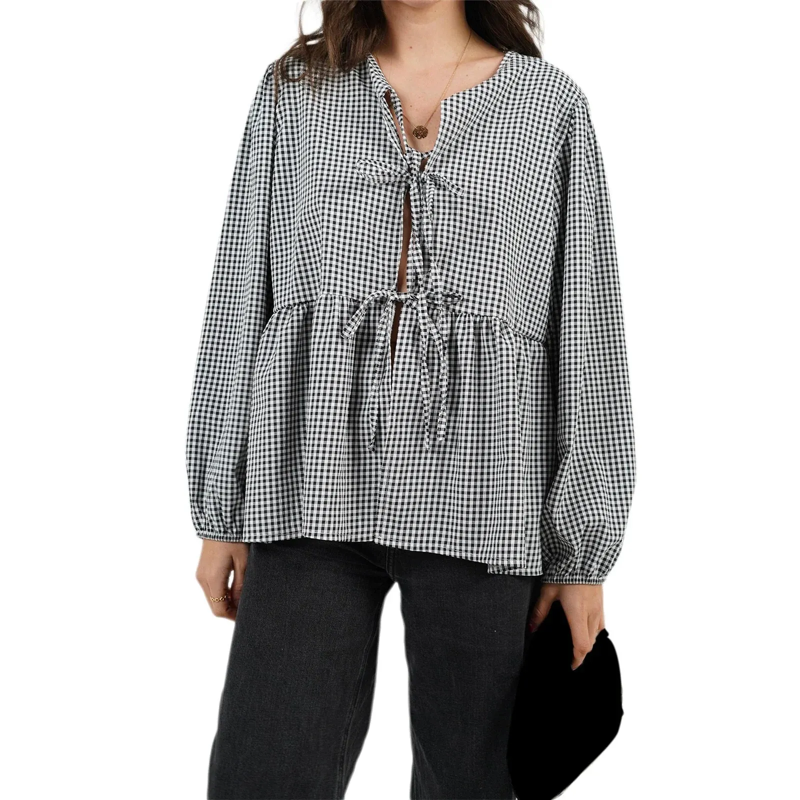 Tie Front Long Sleeve Round Neck Hollow Out Lace up Loose Babydoll Spring Fall Kawaii Blouse