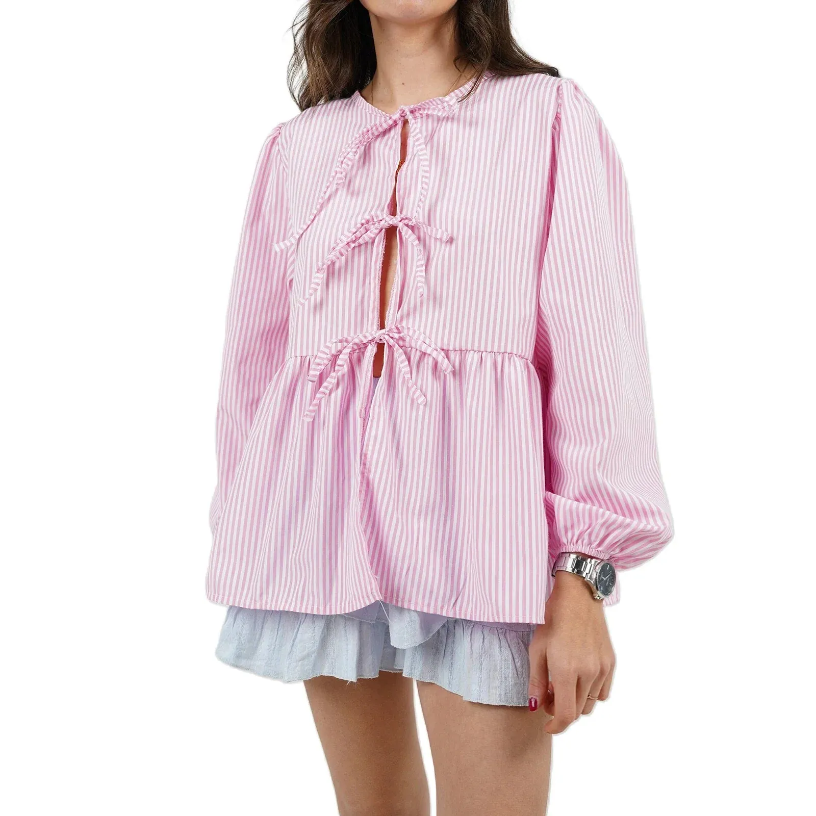 Tie Front Long Sleeve Round Neck Hollow Out Lace up Loose Babydoll Spring Fall Kawaii Blouse