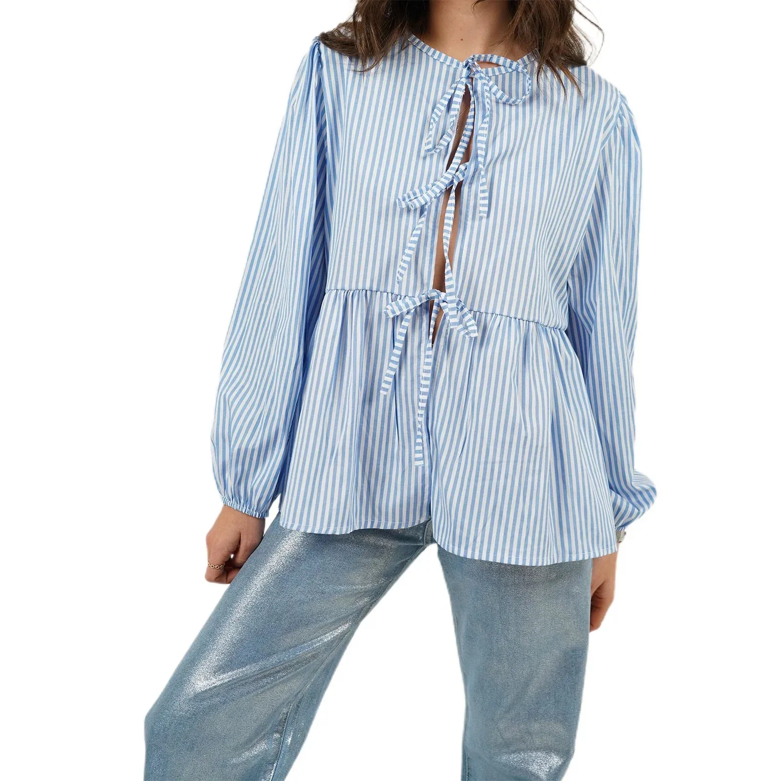 Tie Front Long Sleeve Round Neck Hollow Out Lace up Loose Babydoll Spring Fall Kawaii Blouse