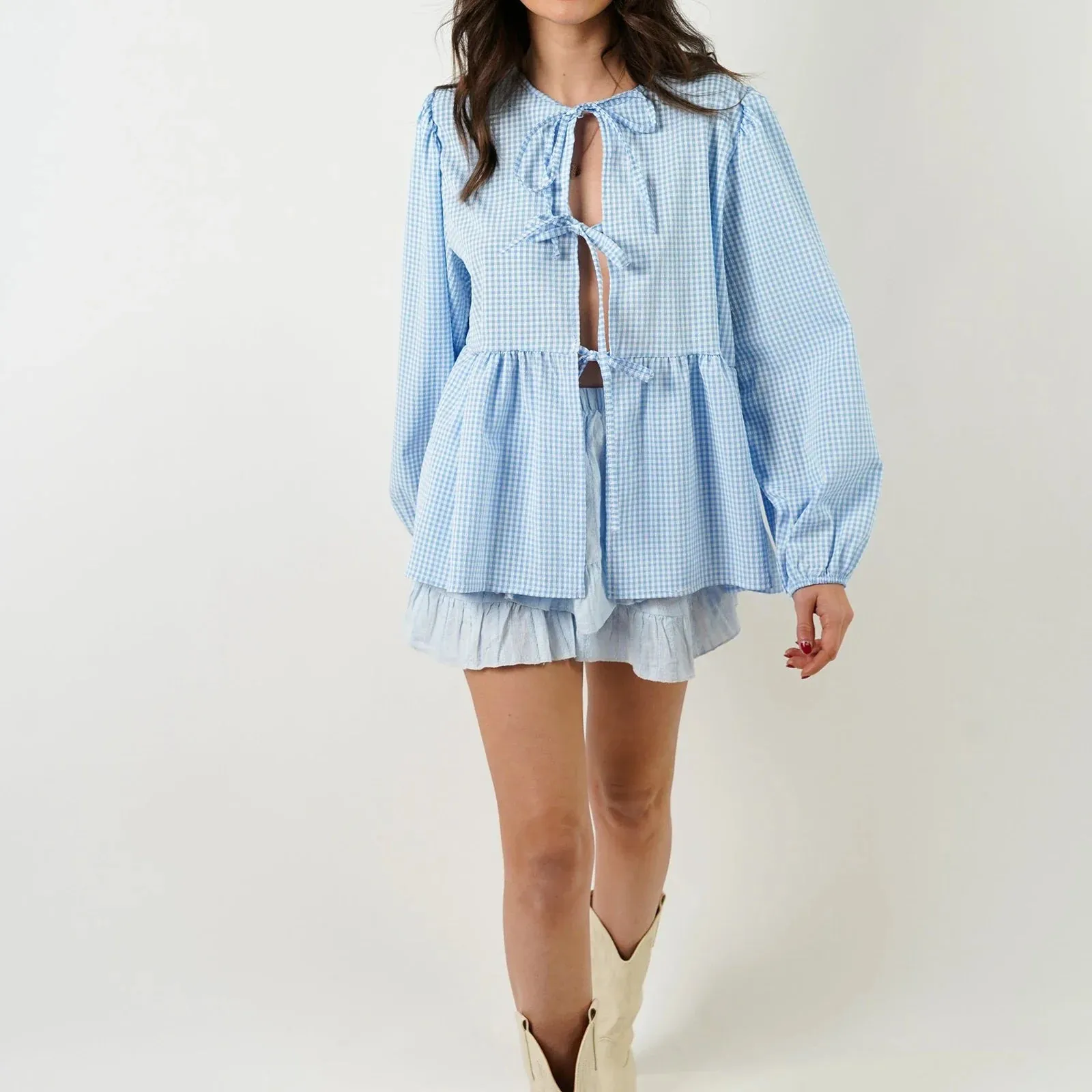 Tie Front Long Sleeve Round Neck Hollow Out Lace up Loose Babydoll Spring Fall Kawaii Blouse