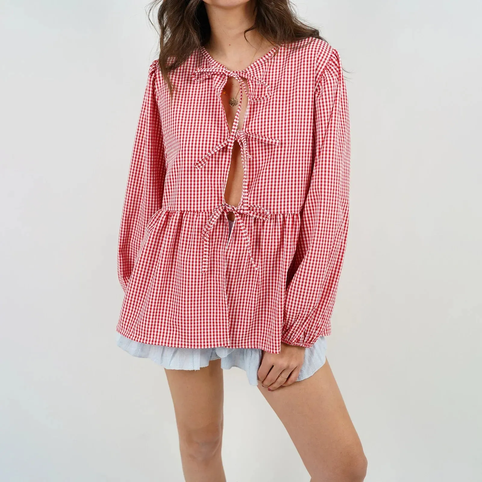 Tie Front Long Sleeve Round Neck Hollow Out Lace up Loose Babydoll Spring Fall Kawaii Blouse