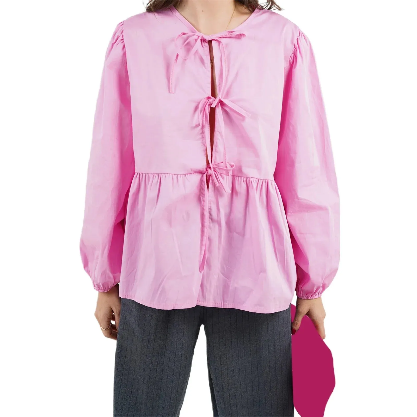 Tie Front Long Sleeve Round Neck Hollow Out Lace up Loose Babydoll Spring Fall Kawaii Blouse