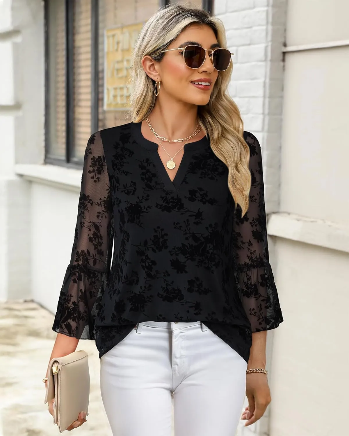 Timeson Women's 3/4 Sleeve Tops and Blouses V Neck Business Casual Shirts Dressy Tunics