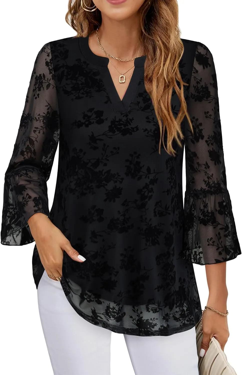 Timeson Women's 3/4 Sleeve Tops and Blouses V Neck Business Casual Shirts Dressy Tunics