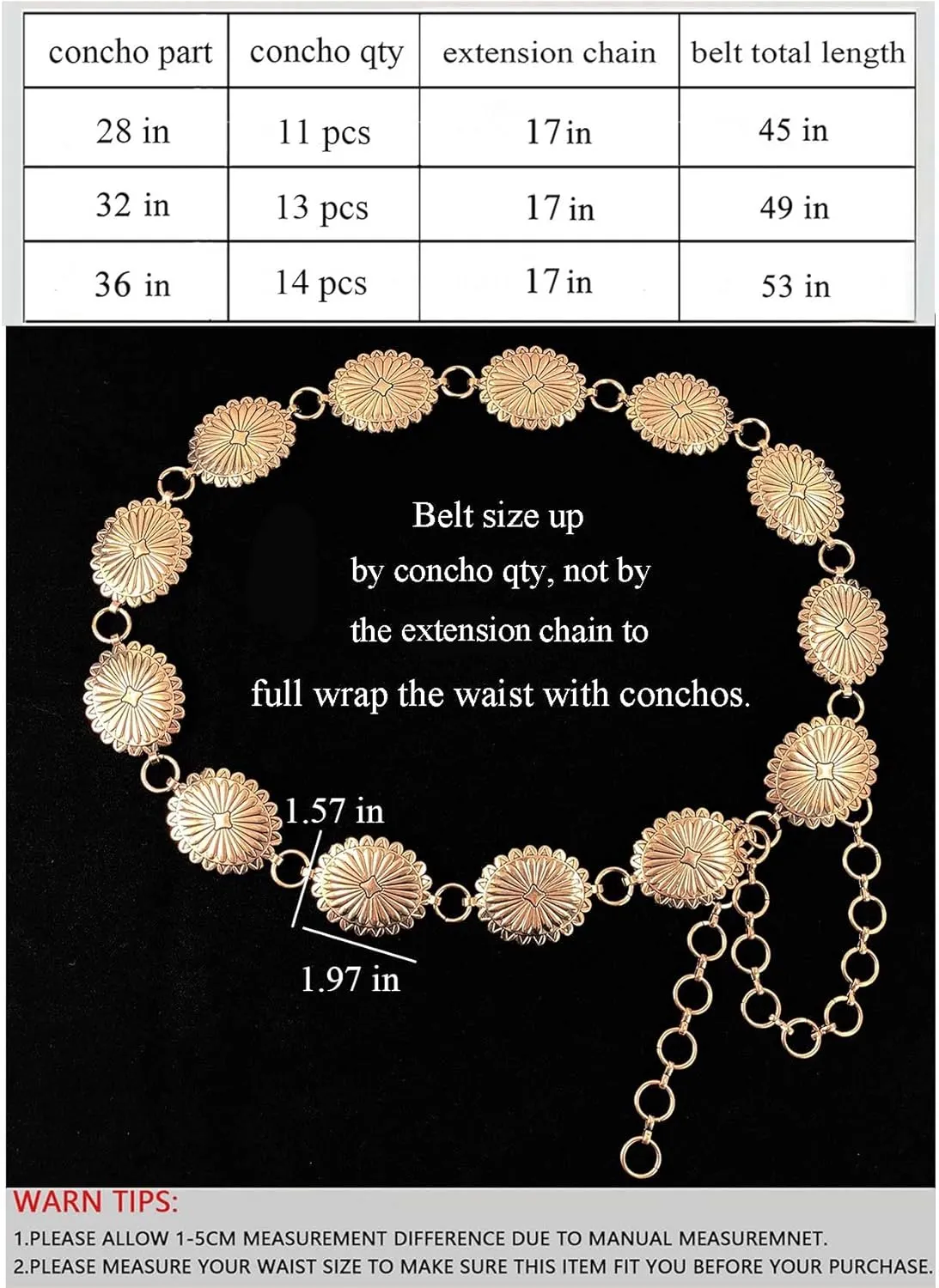 TOPACC Western Metal Concho Belt for Women Cowgirl Chain Belts for Dresses Jeans Country Concert Outfit