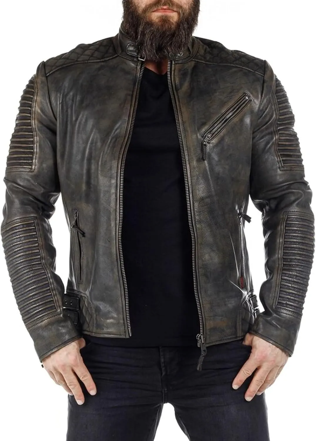 Trisis Men Leather Jacket Sheep Leather Jacket Cow Leather Jacket Route66 Trendy Embossing Ribbed Style Winter Outfit 2024