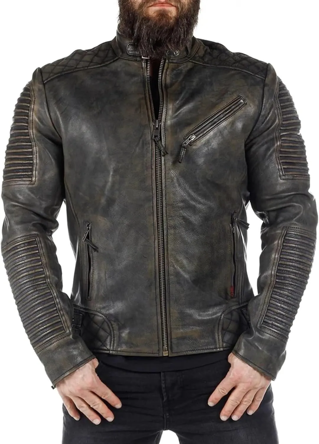 Trisis Men Leather Jacket Sheep Leather Jacket Cow Leather Jacket Route66 Trendy Embossing Ribbed Style Winter Outfit 2024