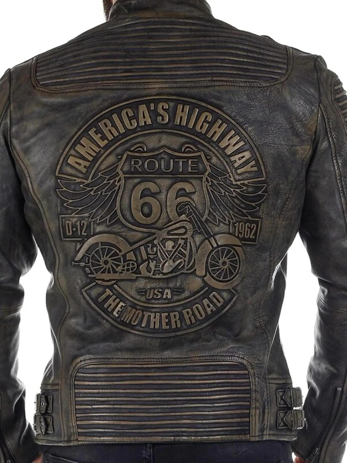 Trisis Men Leather Jacket Sheep Leather Jacket Cow Leather Jacket Route66 Trendy Embossing Ribbed Style Winter Outfit 2024