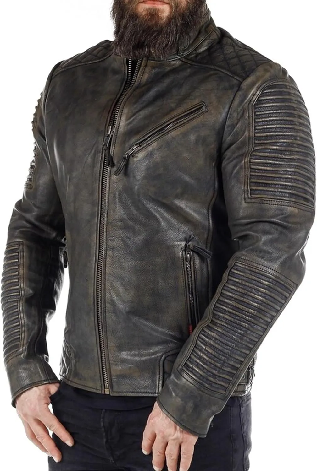 Trisis Men Leather Jacket Sheep Leather Jacket Cow Leather Jacket Route66 Trendy Embossing Ribbed Style Winter Outfit 2024