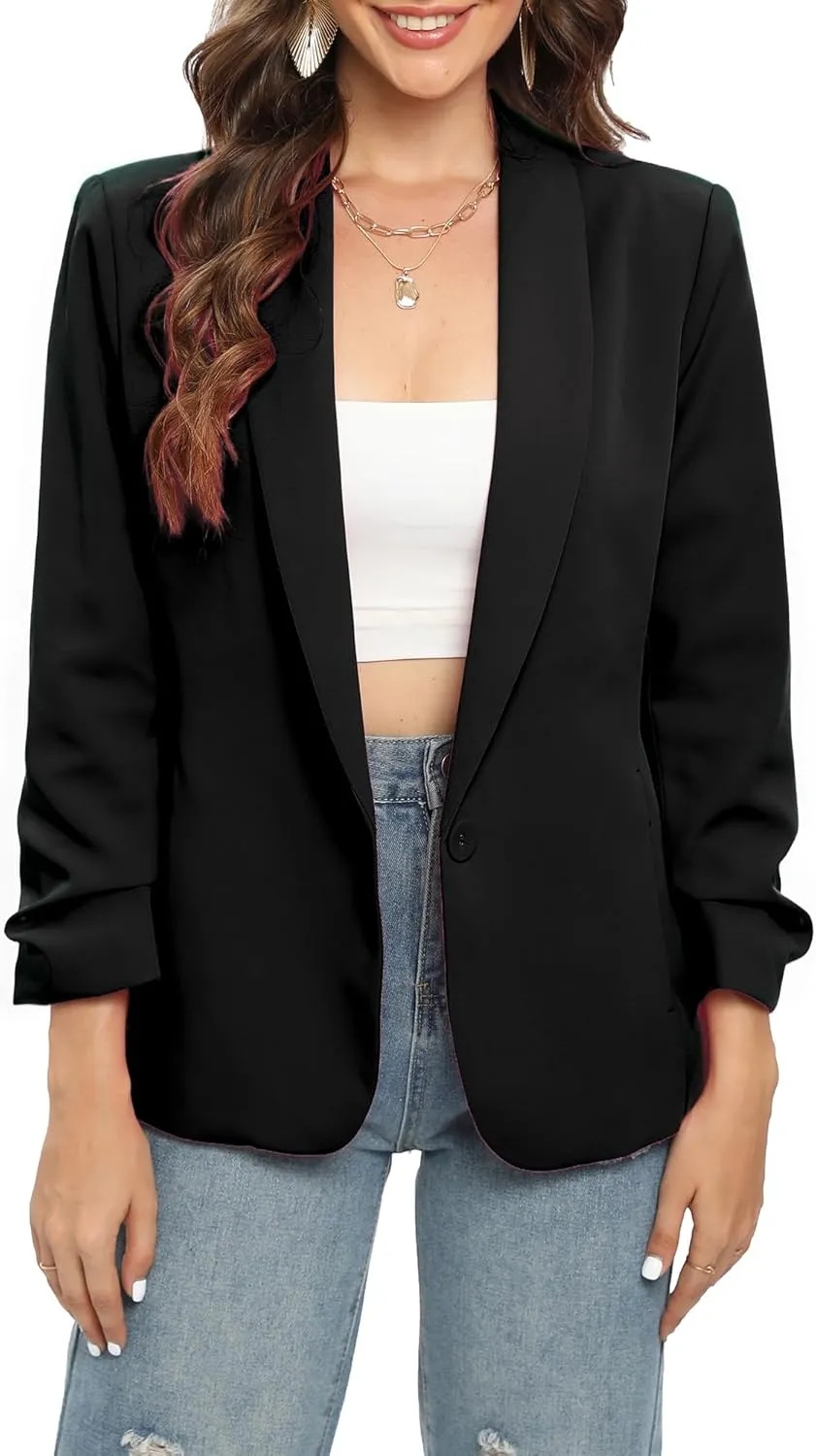 TRNY Womens Blazer Ruched Sleeve Shawl Lapel Suit Blazers Jackets with Pockets for Women Business Casual and Work Office