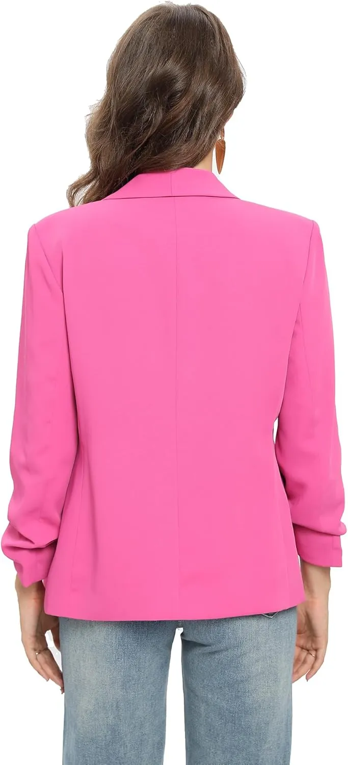 TRNY Womens Blazer Ruched Sleeve Shawl Lapel Suit Blazers Jackets with Pockets for Women Business Casual and Work Office