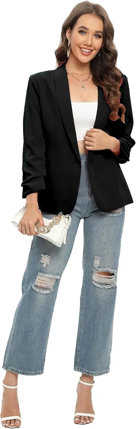 TRNY Womens Blazer Ruched Sleeve Shawl Lapel Suit Blazers Jackets with Pockets for Women Business Casual and Work Office
