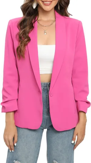 TRNY Womens Blazer Ruched Sleeve Shawl Lapel Suit Blazers Jackets with Pockets for Women Business Casual and Work Office