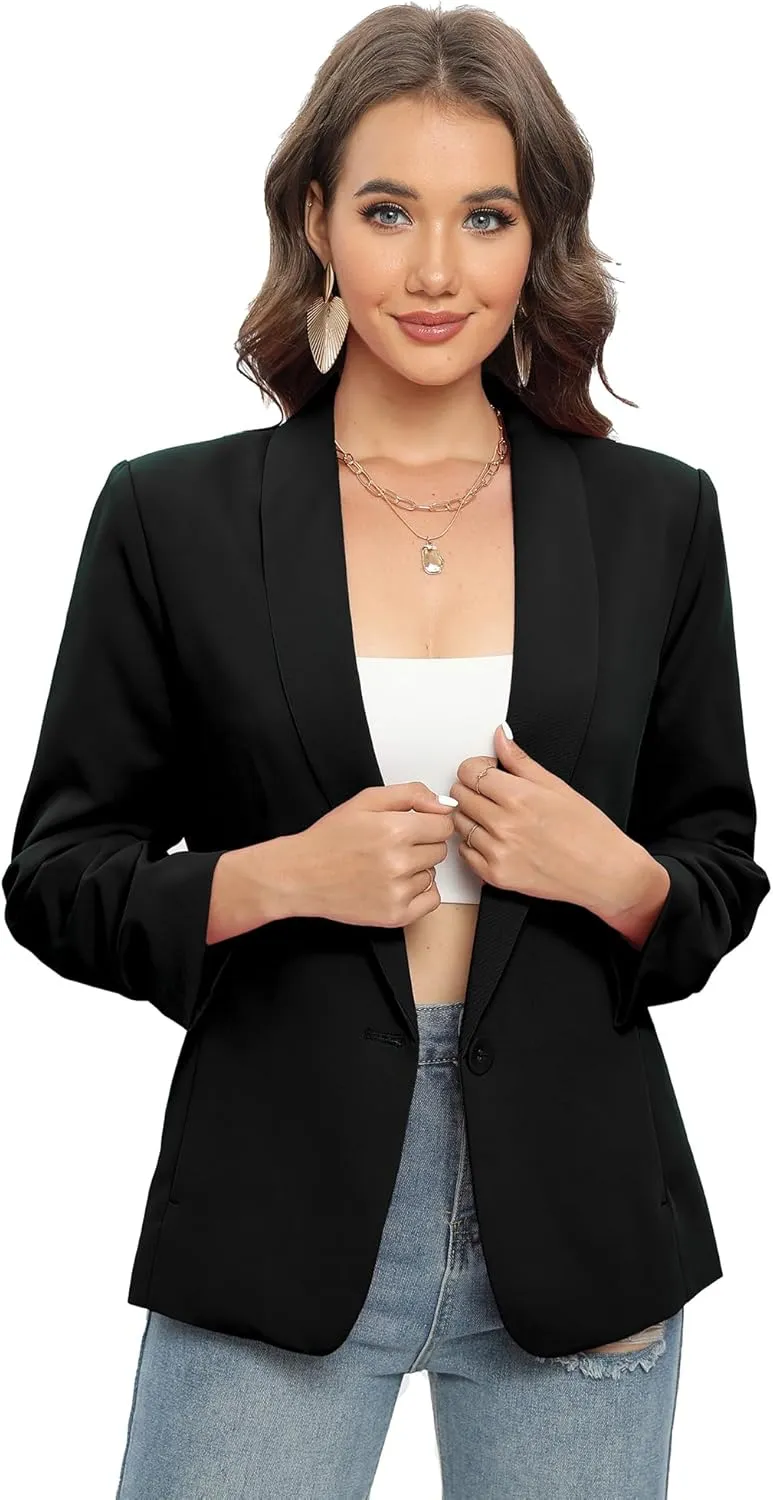 TRNY Womens Blazer Ruched Sleeve Shawl Lapel Suit Blazers Jackets with Pockets for Women Business Casual and Work Office