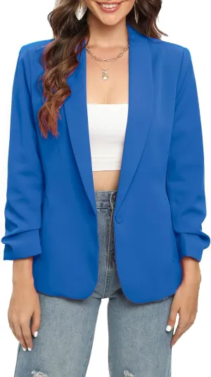TRNY Womens Blazer Ruched Sleeve Shawl Lapel Suit Blazers Jackets with Pockets for Women Business Casual and Work Office