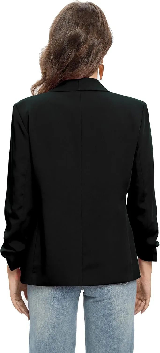 TRNY Womens Blazer Ruched Sleeve Shawl Lapel Suit Blazers Jackets with Pockets for Women Business Casual and Work Office