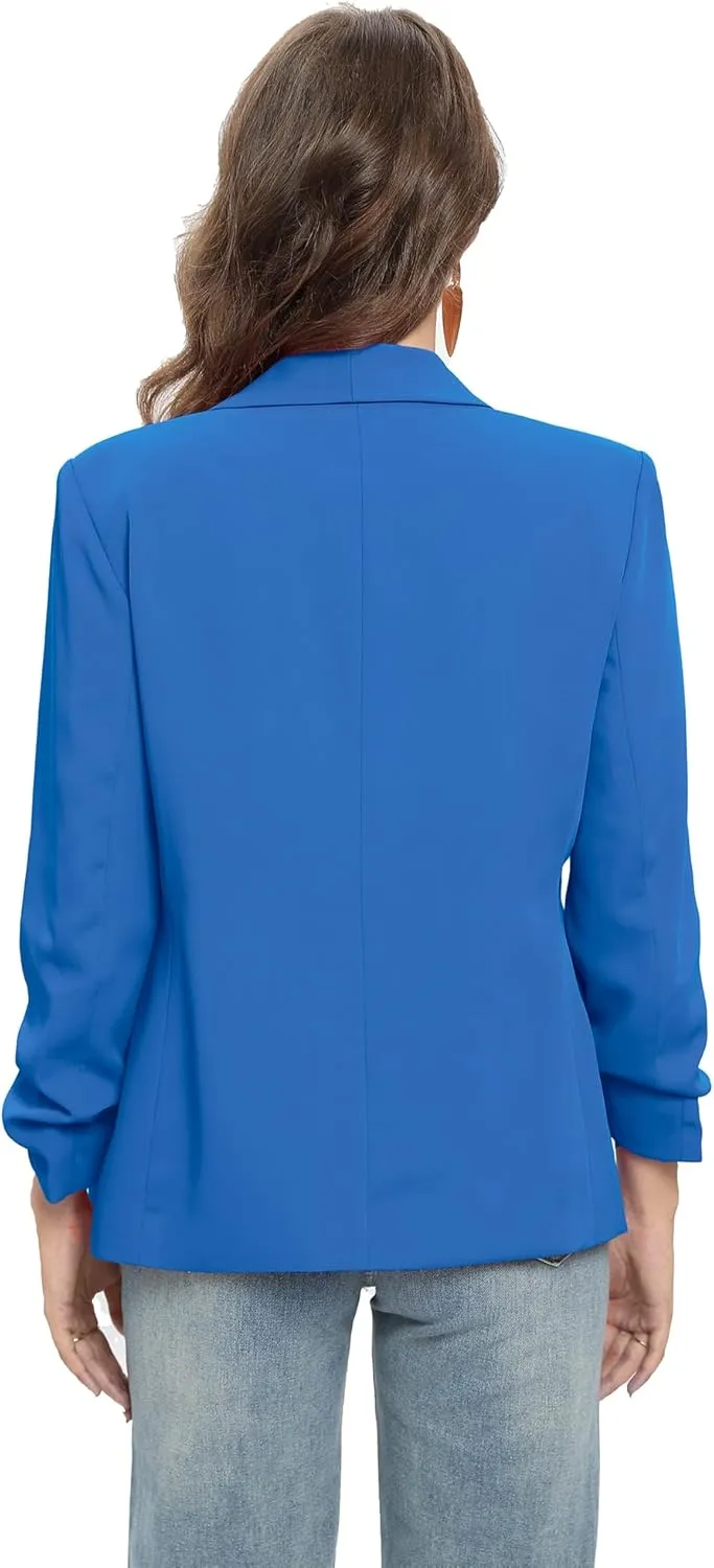 TRNY Womens Blazer Ruched Sleeve Shawl Lapel Suit Blazers Jackets with Pockets for Women Business Casual and Work Office