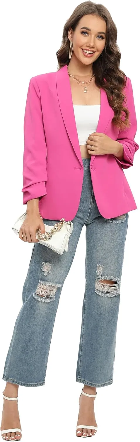 TRNY Womens Blazer Ruched Sleeve Shawl Lapel Suit Blazers Jackets with Pockets for Women Business Casual and Work Office