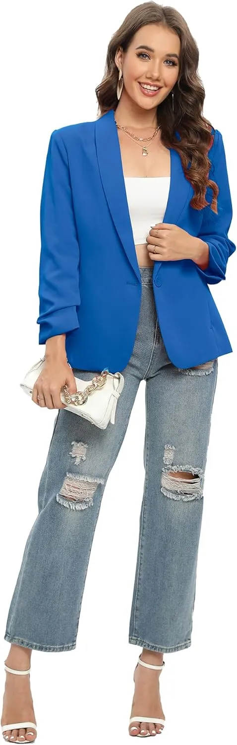 TRNY Womens Blazer Ruched Sleeve Shawl Lapel Suit Blazers Jackets with Pockets for Women Business Casual and Work Office