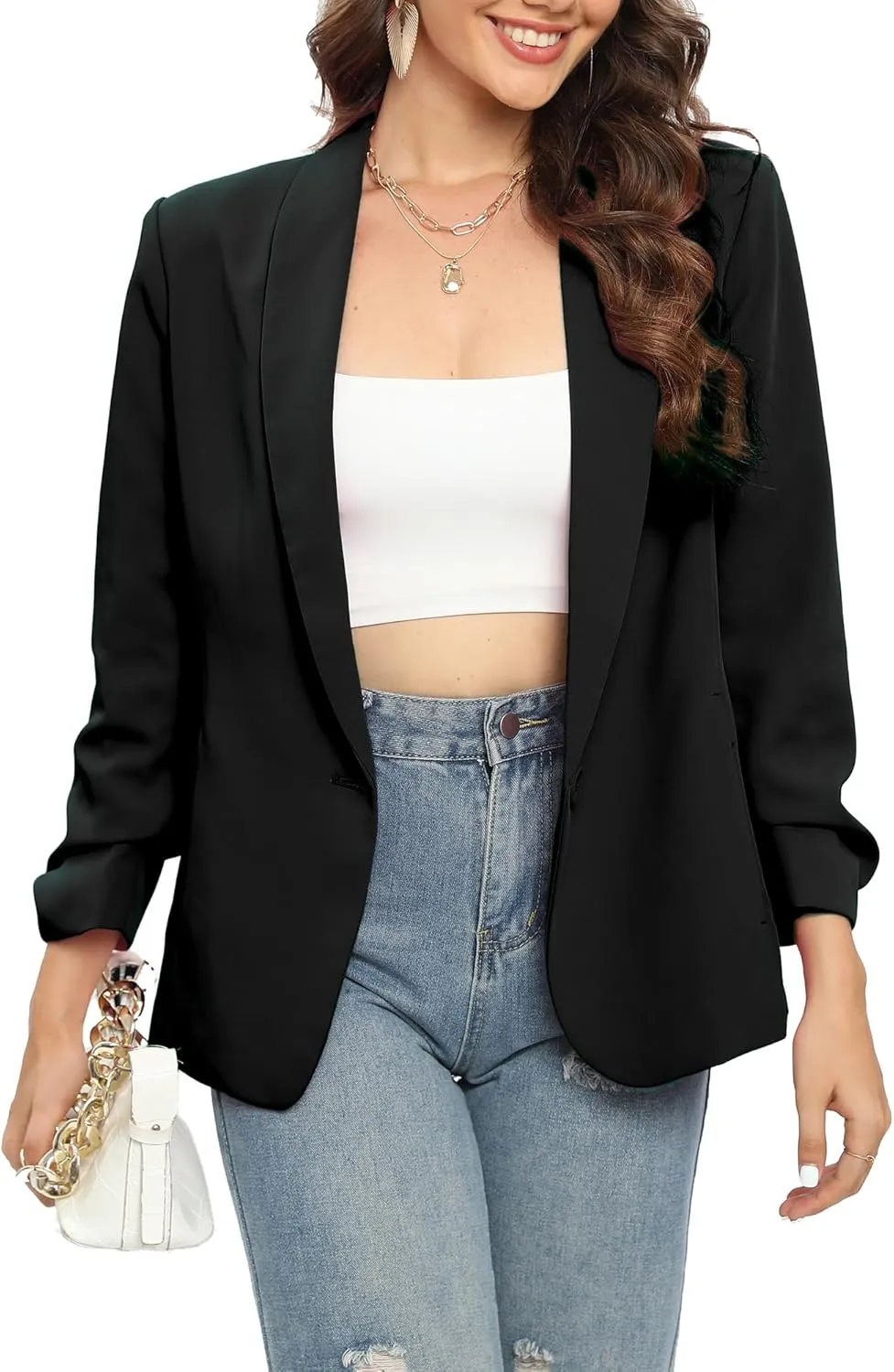 TRNY Womens Blazer Ruched Sleeve Shawl Lapel Suit Blazers Jackets with Pockets for Women Business Casual and Work Office