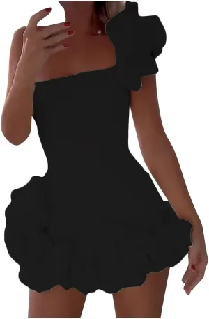 TUNUSKAT Womens Sexy One Shoulder Mini Cocktail Dresses Fashion Ruffle Bodycon Birthday Dresses Short Party Holiday Dress