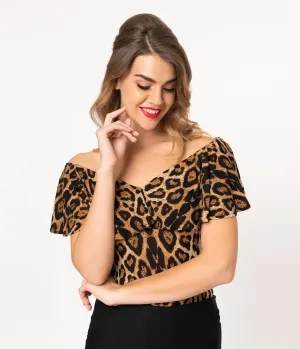 Unique Vintage 1950s Leopard Print Off Shoulder Ruffle Frenchie Knit Top