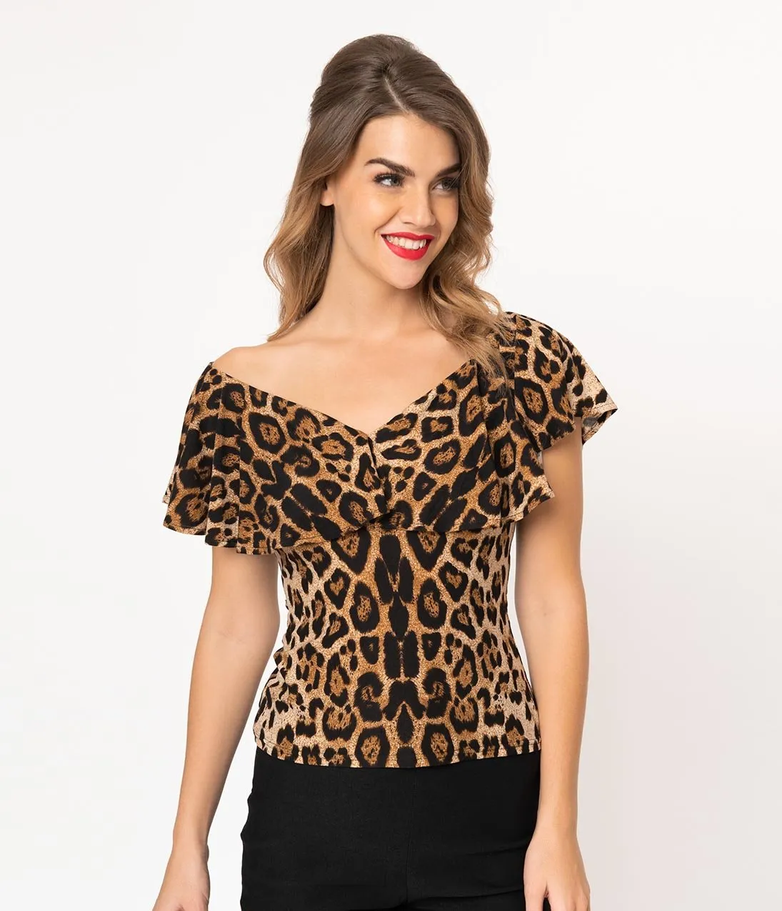 Unique Vintage 1950s Leopard Print Off Shoulder Ruffle Frenchie Knit Top