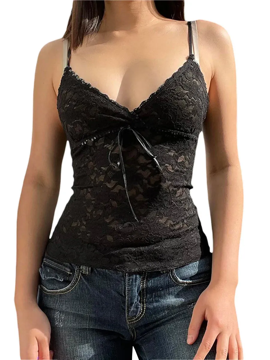 Uniwim Black See Through Lace Cami Crop Tops Women Summer Y2K Clothes Sleeveless V Neck Sexy Tanks Camis Aesthetic 2000s Gothic Tees