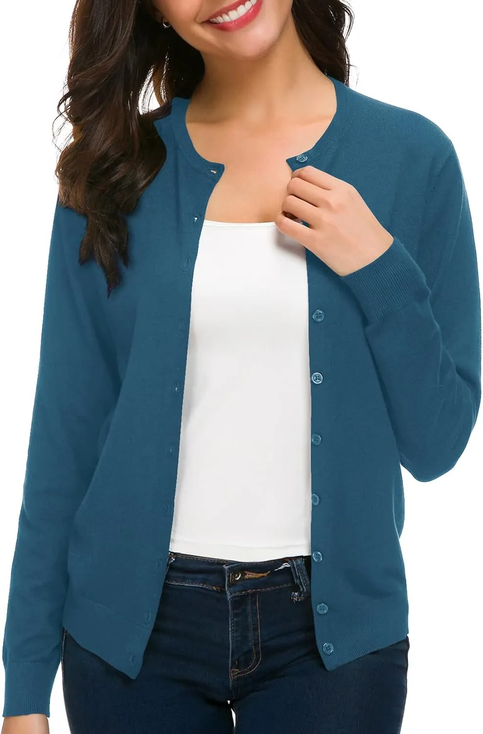 Urban CoCo Women's Long Sleeve Crew Neck Button Down Knit Cardigan Sweater