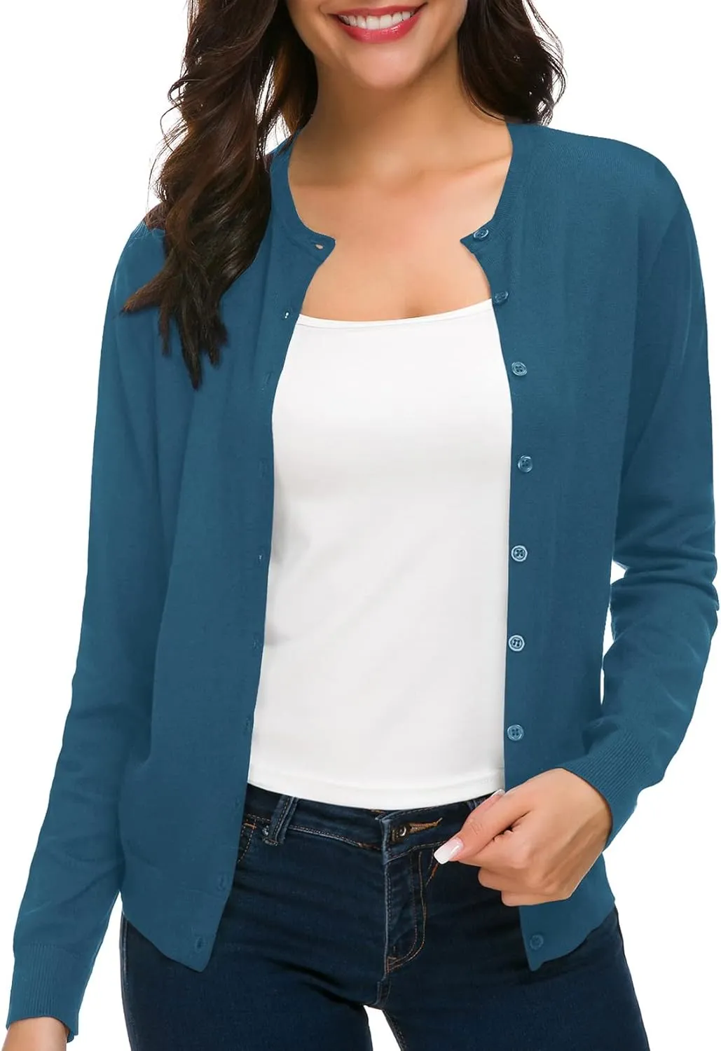 Urban CoCo Women's Long Sleeve Crew Neck Button Down Knit Cardigan Sweater