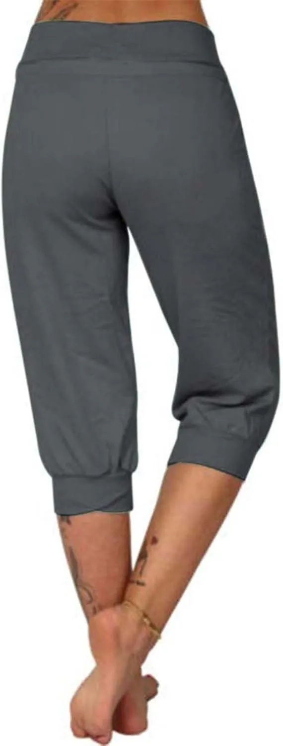 uSecee Womens Capri Sweatpants Drawstring Waist Cropped Yoga Joggers Casual Loose Lounge Pants Palazzo Trousers with Pockets
