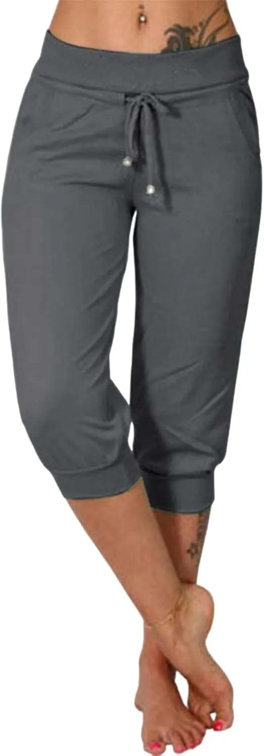 uSecee Womens Capri Sweatpants Drawstring Waist Cropped Yoga Joggers Casual Loose Lounge Pants Palazzo Trousers with Pockets