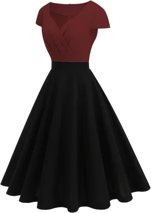 V Neck A Line Dress for Womenand Colorblock 1950s Vintage Style Midi Dress with Full Skirt Vintage