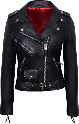 Valentine Romance Ladies Black With Red Lining Real Leather Brando Fitted Urban Look Biker Jacket